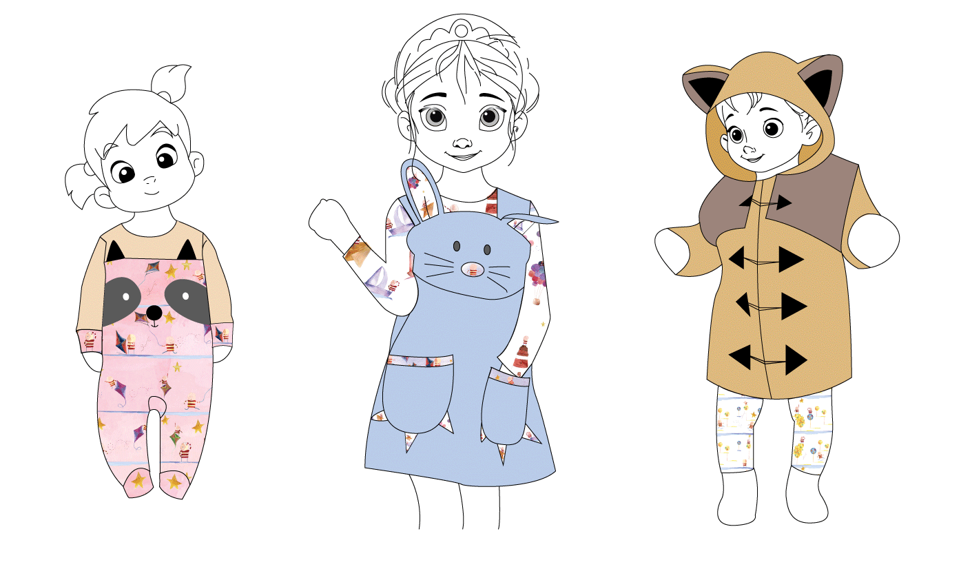 Three Bellita garment designs — a raccoon onesie, a rabbit pinafore and a fox hooded coat