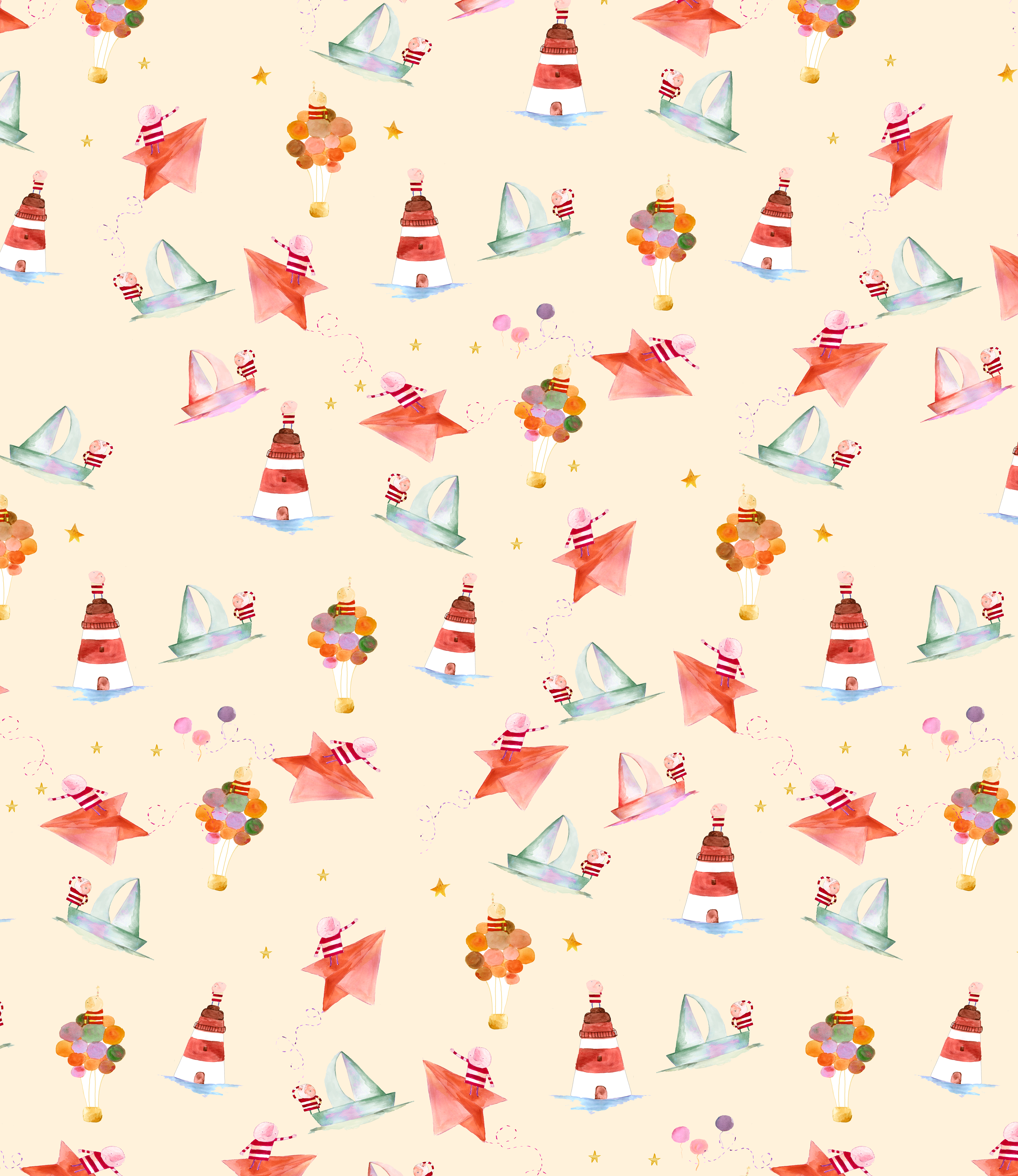 Bellita textile pattern in cream — lighthouses, sailboats, paper planes and balloon explorers