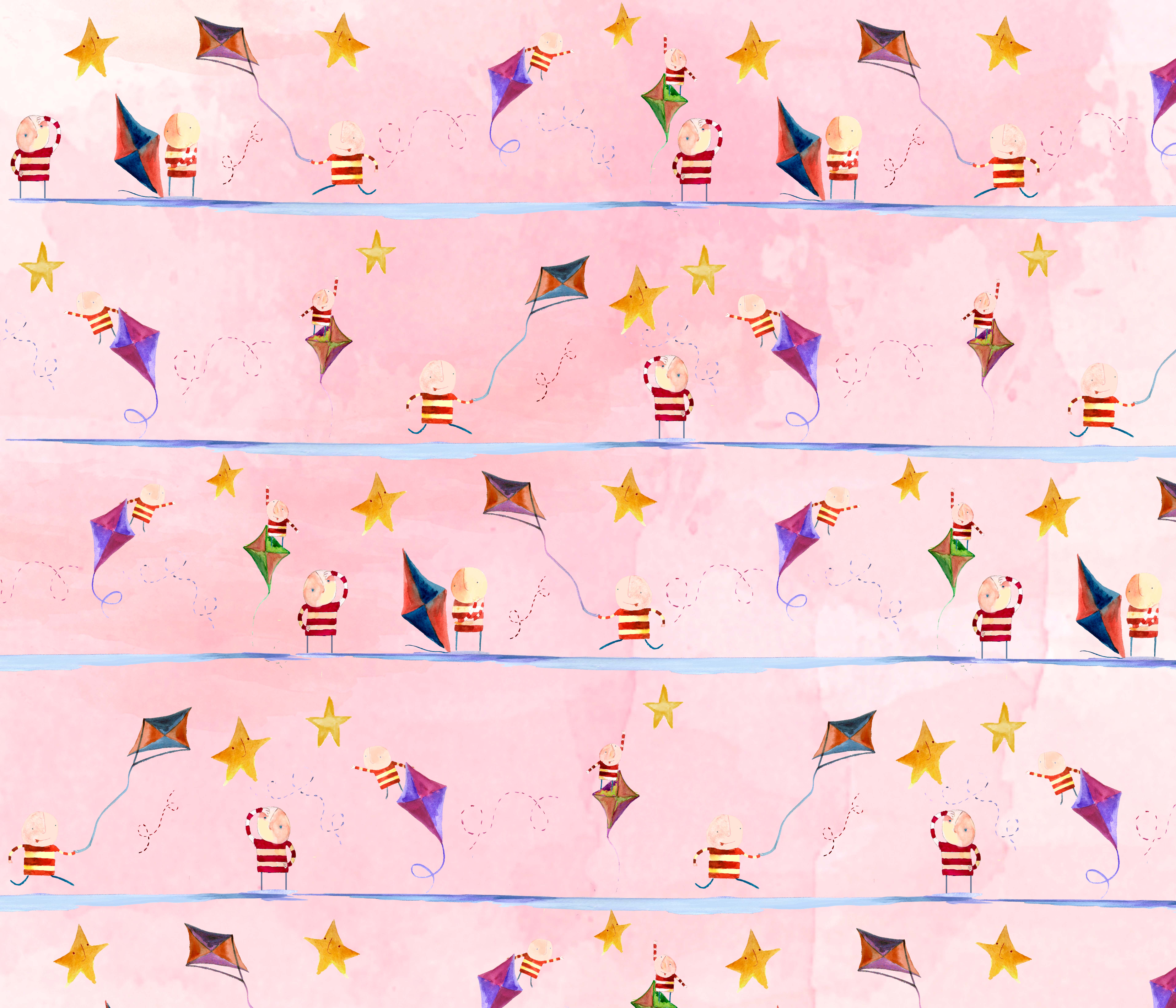 Bellita textile pattern in pink — children flying kites among stars