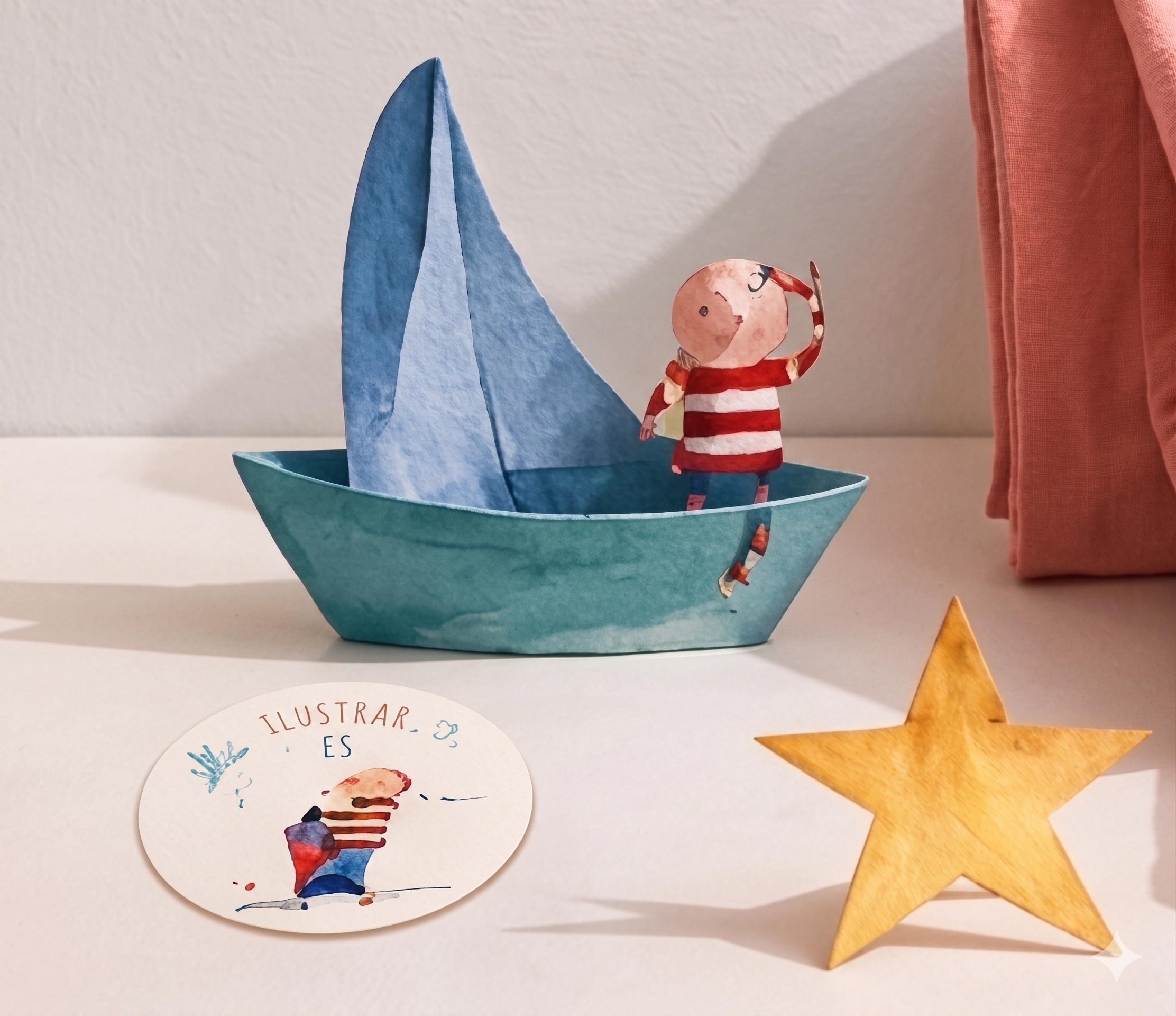 A paper sailboat with a little striped-shirt explorer waving from inside