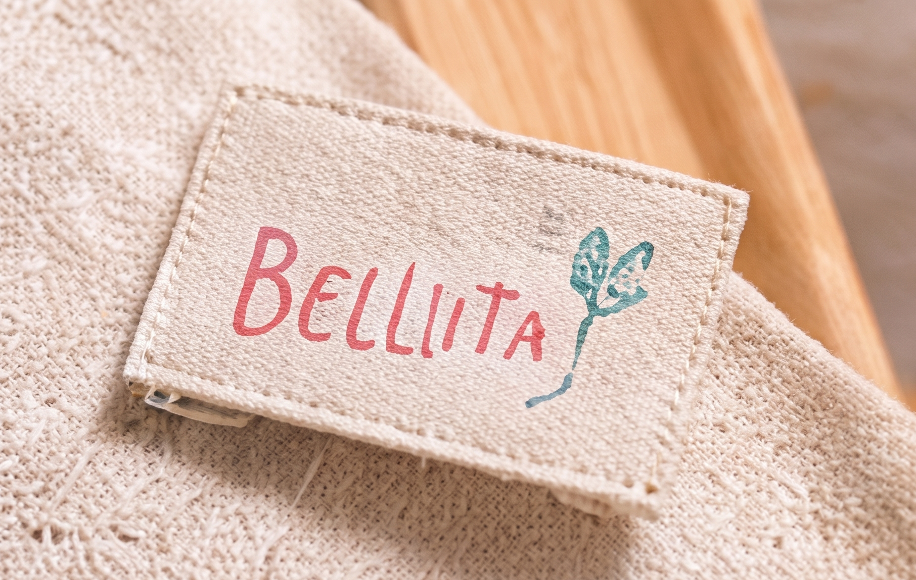 The Bellita fabric label, hand-lettered with a small leaf motif