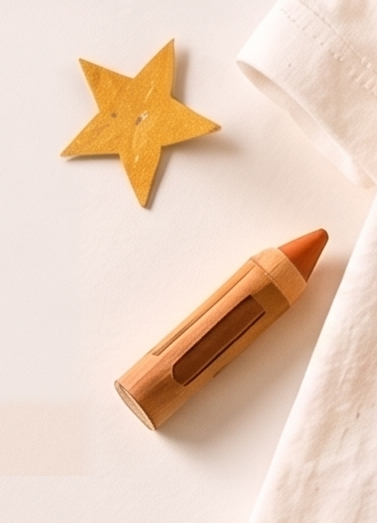 A wooden star and a wooden crayon