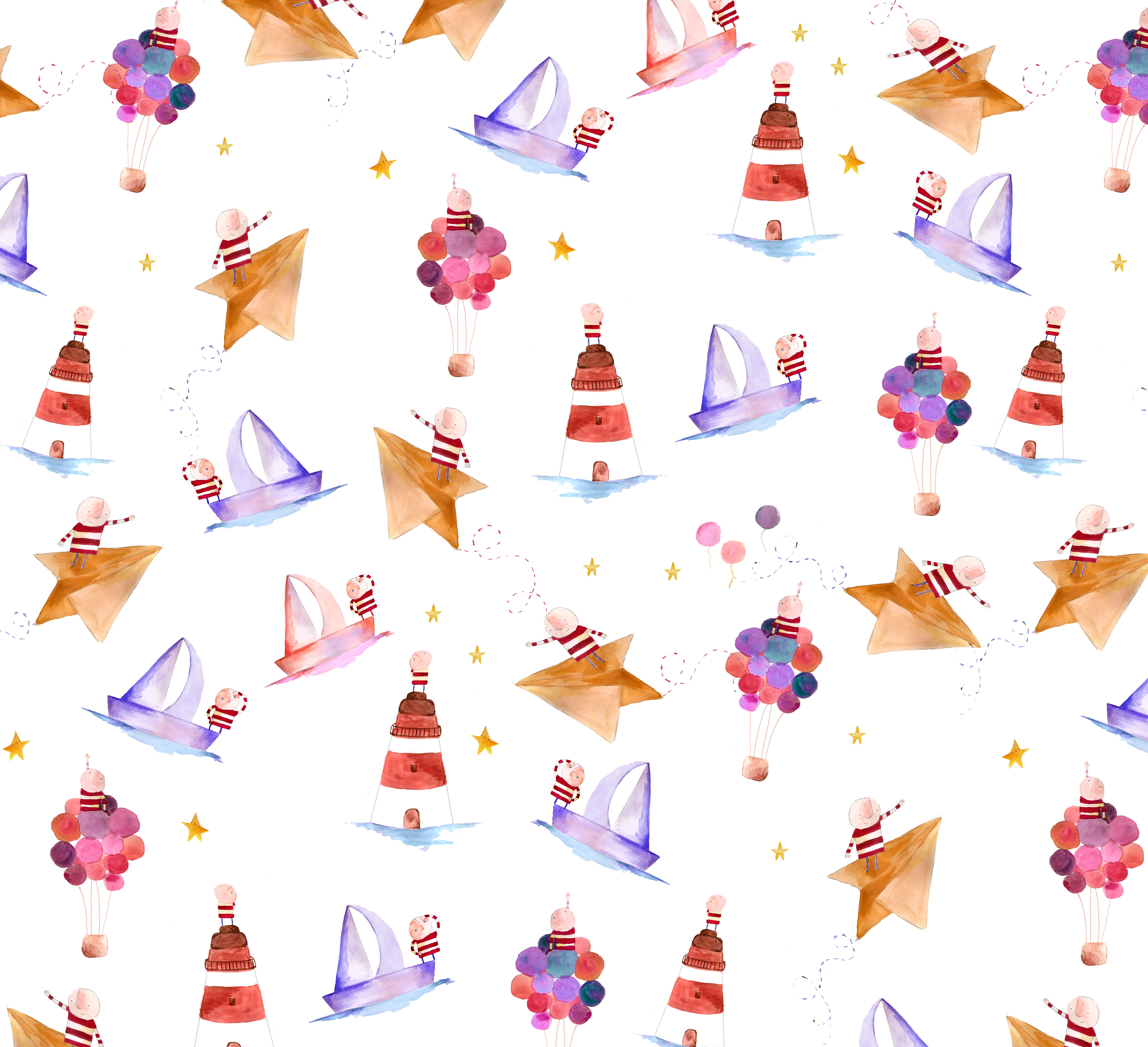 Bellita textile pattern in white — lighthouses, sailboats, balloon explorers and paper stars