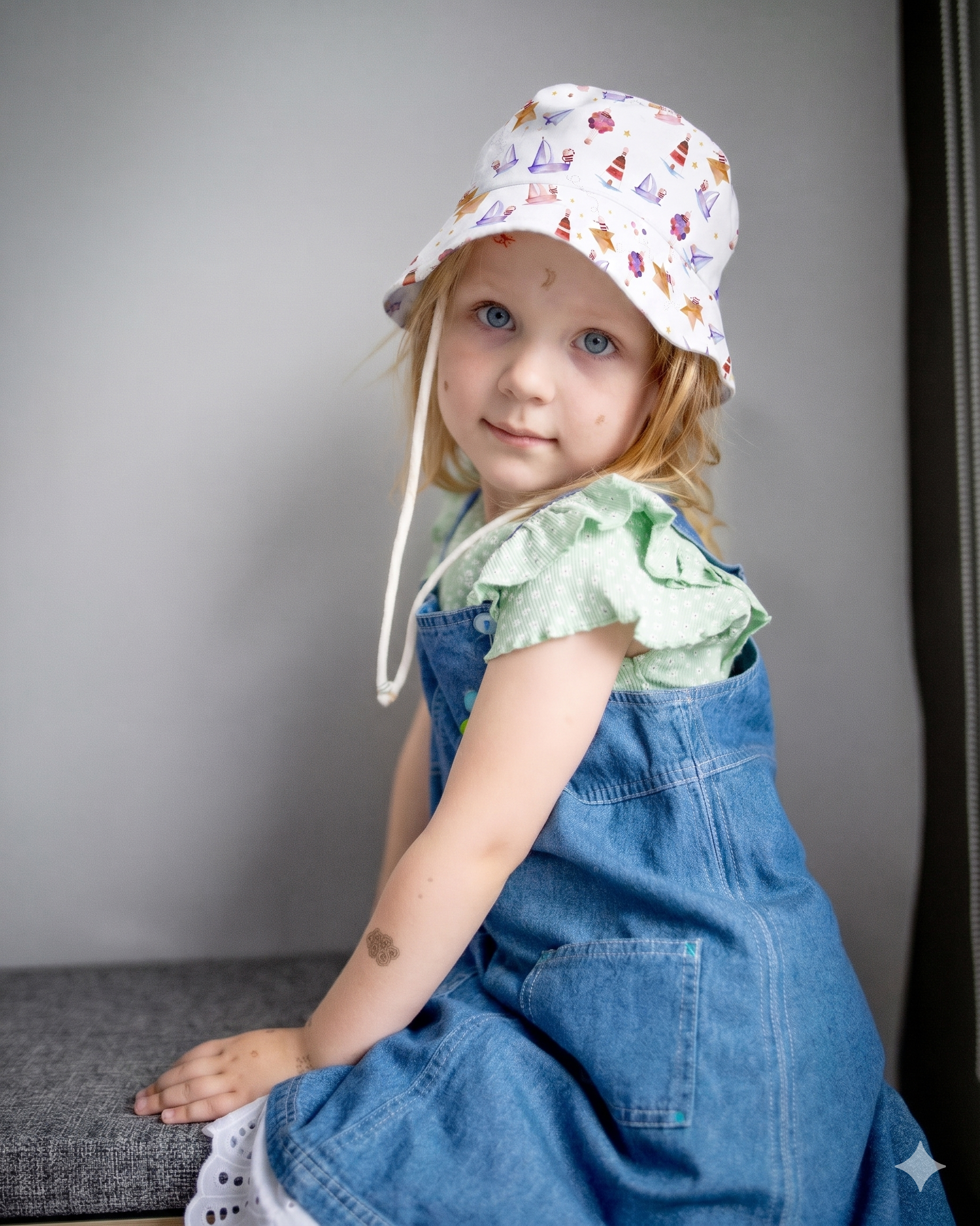 A girl wearing a Bellita bucket hat printed with the illustrated pattern, over a denim pinafore