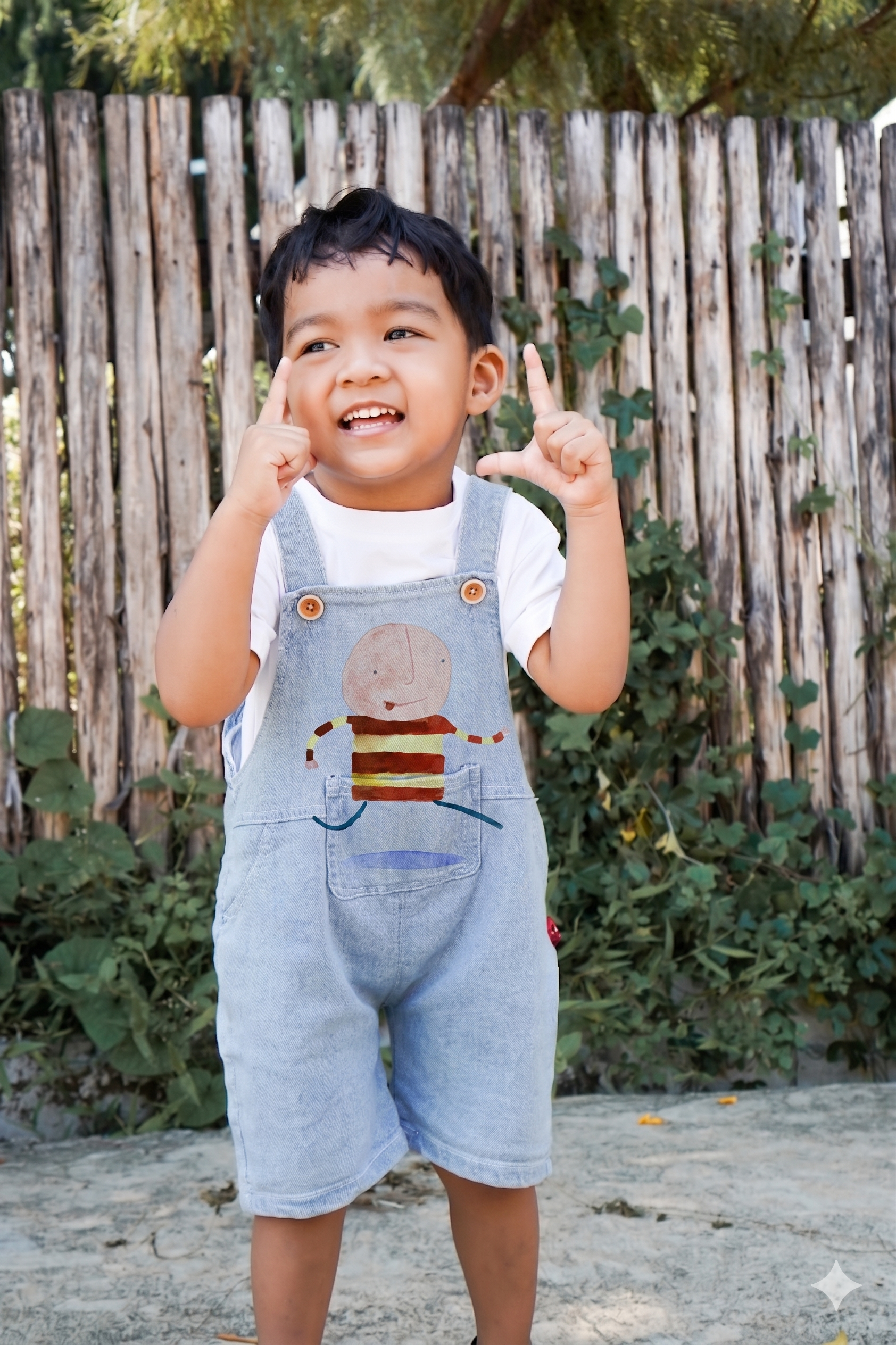 A boy wearing Bellita denim dungarees printed with a striped-shirt character