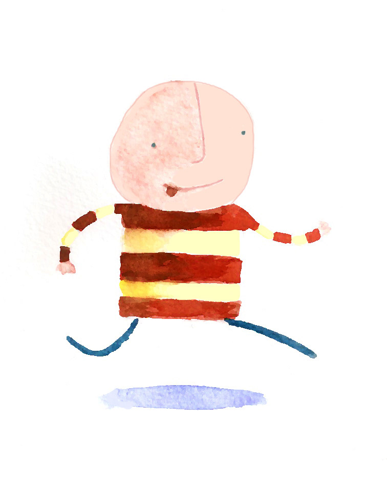 The original Bellita watercolour illustration — a child in a striped shirt mid-run
