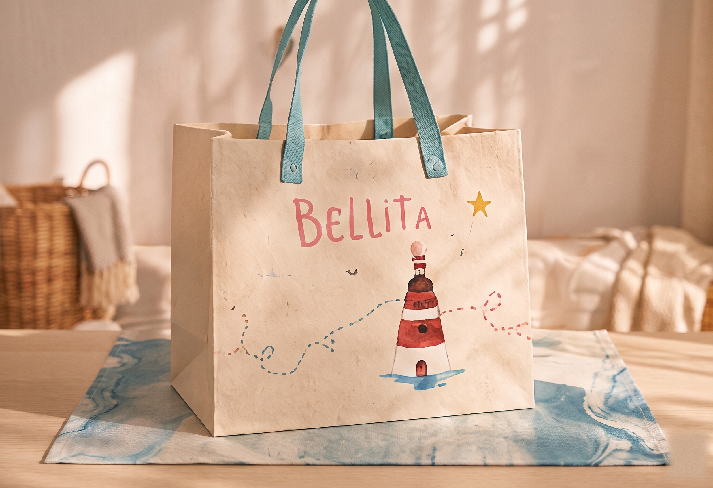 Bellita shopping bag with hand-painted lighthouse