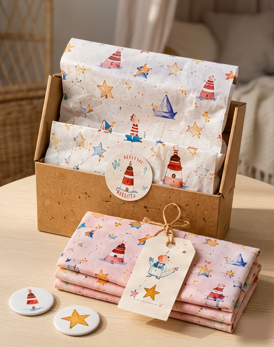 Bellita wrapped pieces, tissue, stickers and tag