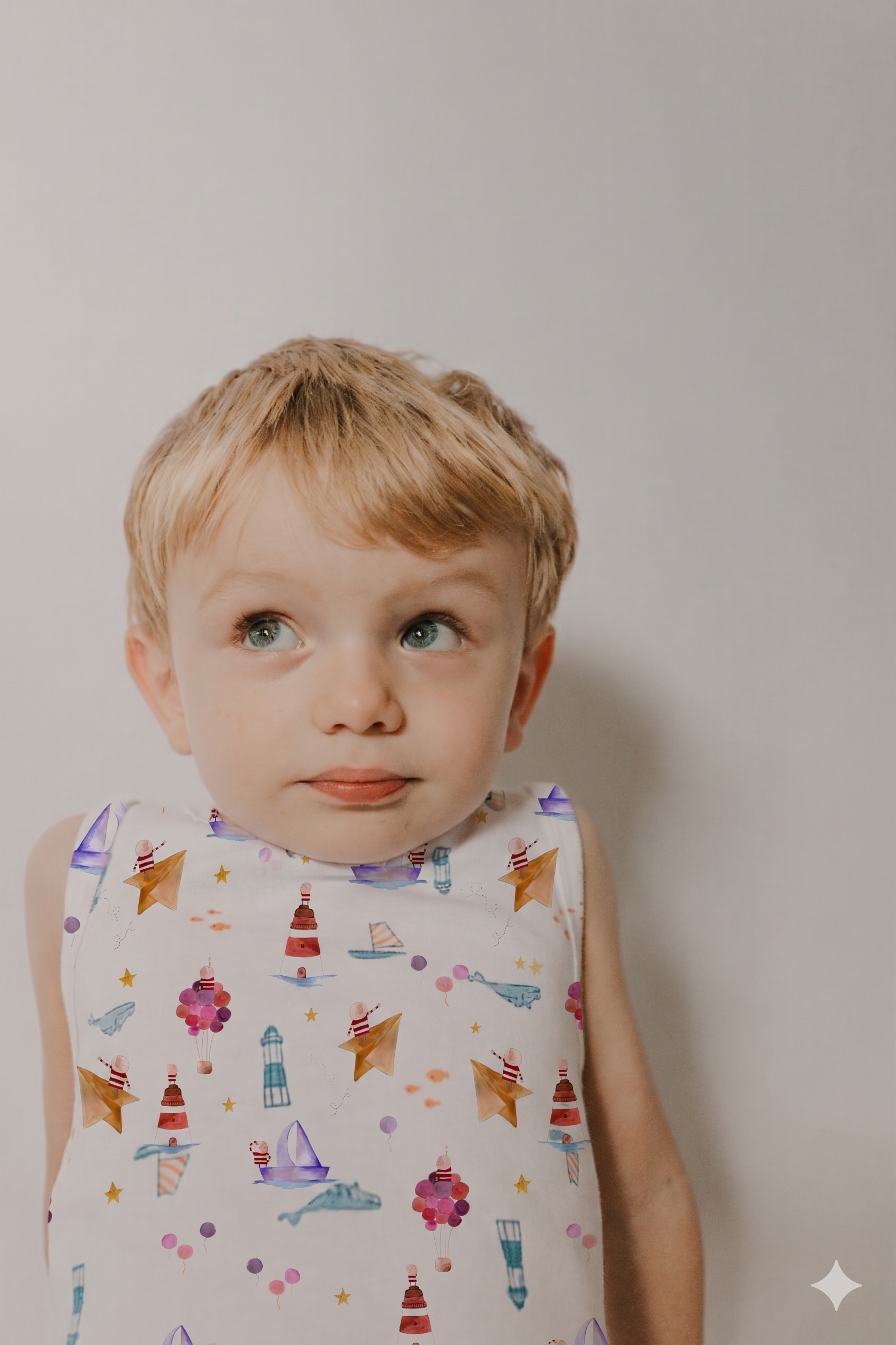 A boy wearing a Bellita sleeveless top printed with lighthouses, sailboats, stars and paper planes