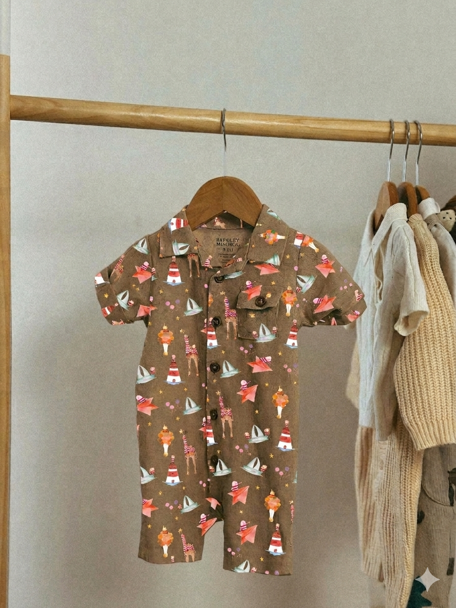 A Bellita-printed baby romper in brown hanging on a wooden rail
