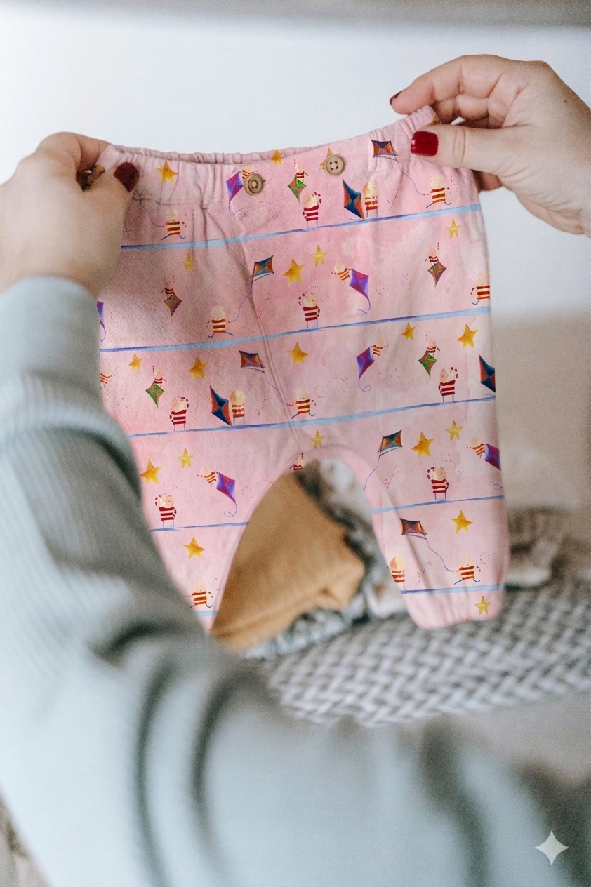 Hands holding up Bellita pink baby leggings printed with kites and stars