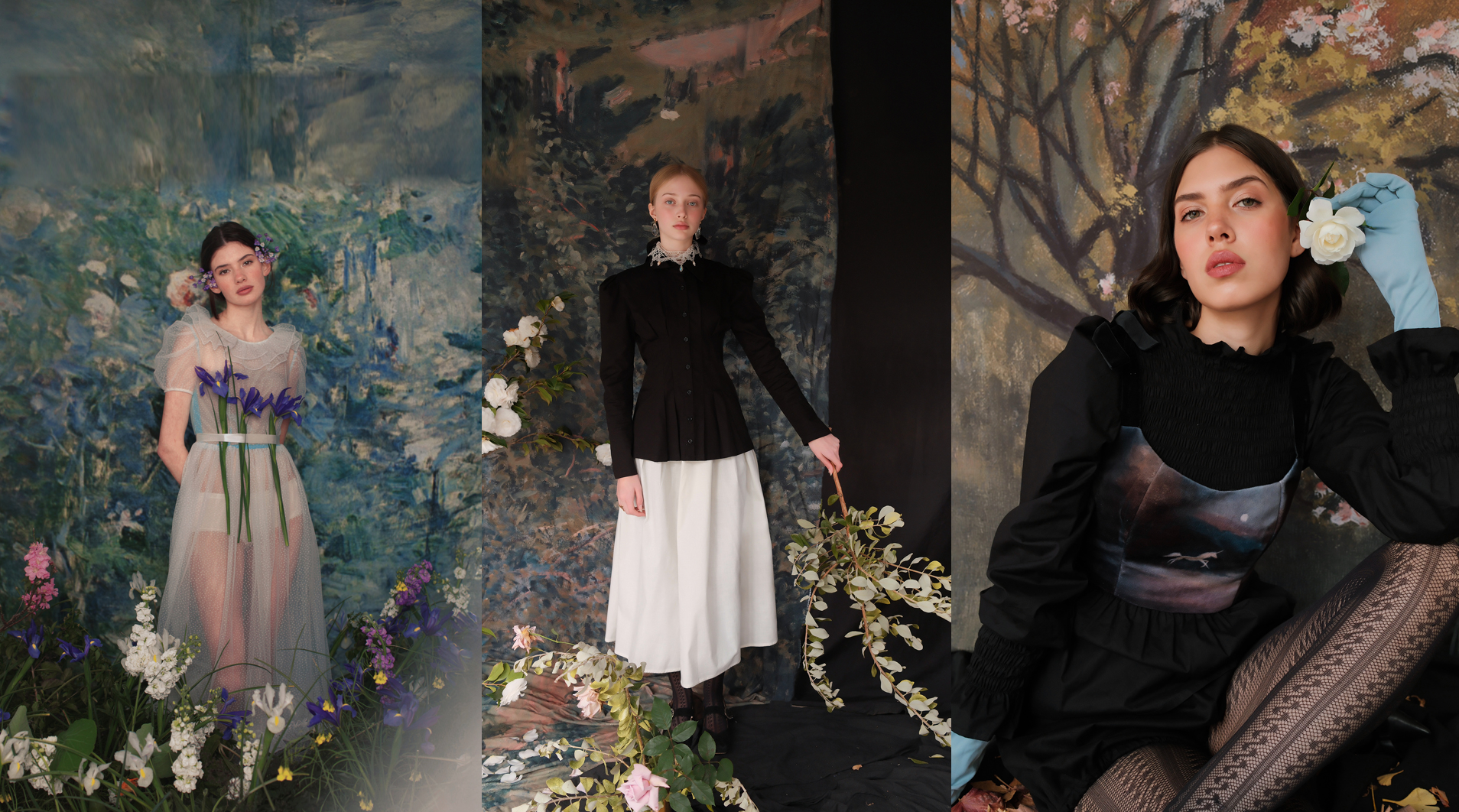 Moodboard — references: Impressionist backdrops, tulle, botanical elements